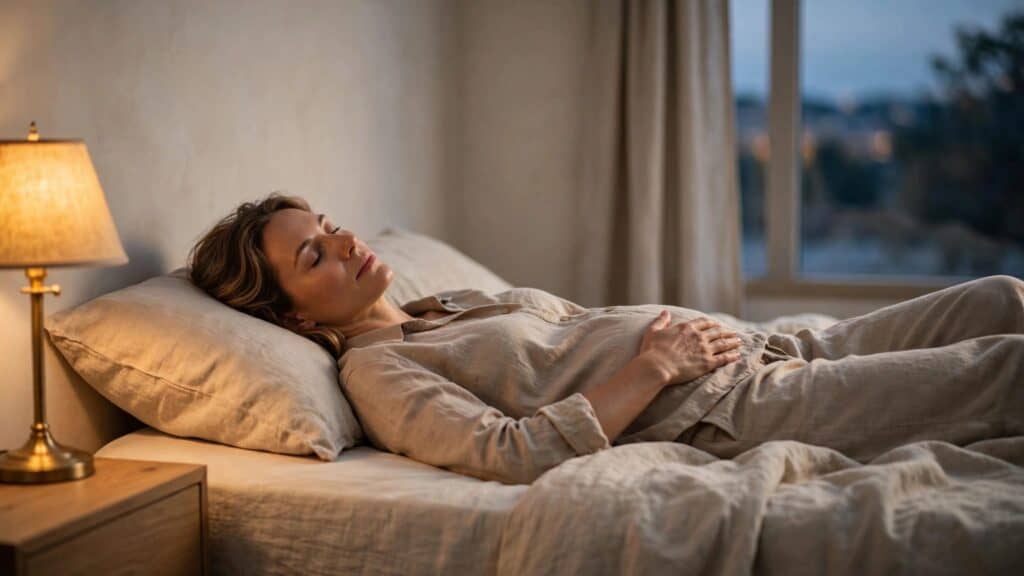 A woman rests in bed with one hand on her abdomen as she breathes slowly.