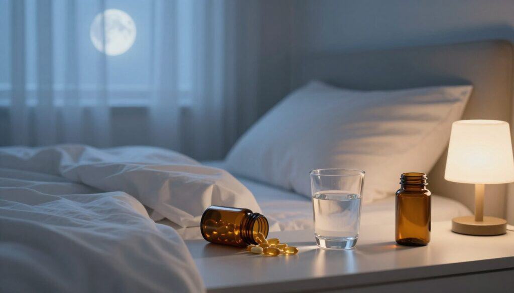 Amber capsules and a glass of water sit on a nightstand beside a softly lit bed.