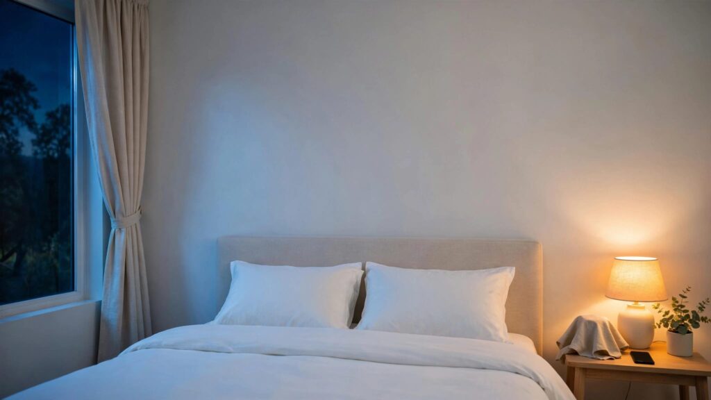 Neatly made bed beside a lamp-lit table with a covered clock and face-down phone.