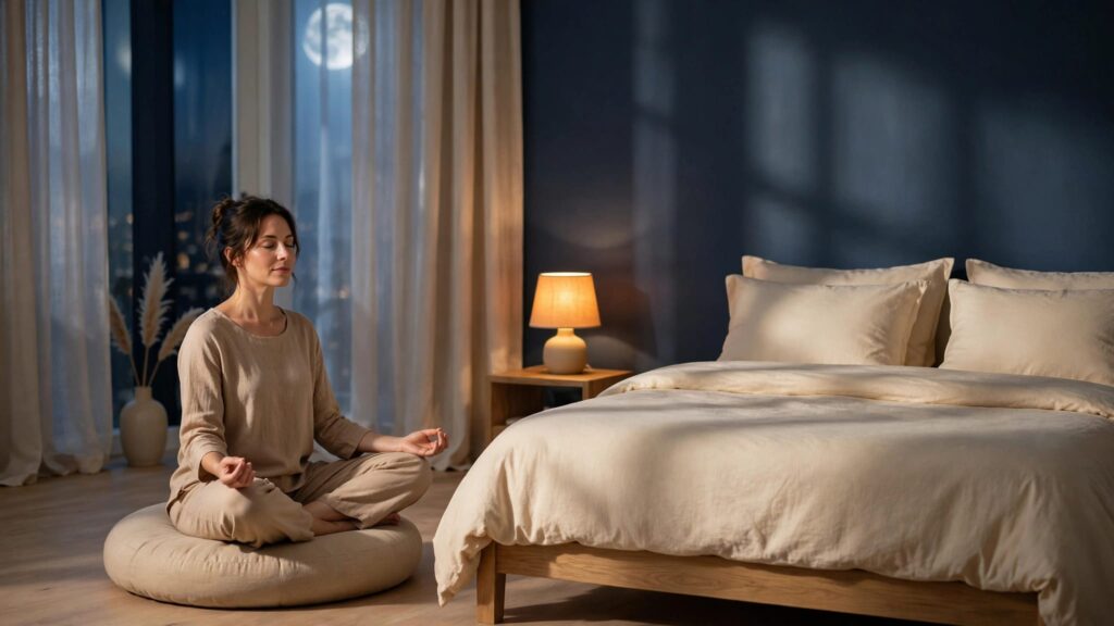 Woman meditating beside a neatly made bed in a softly lit bedroom.