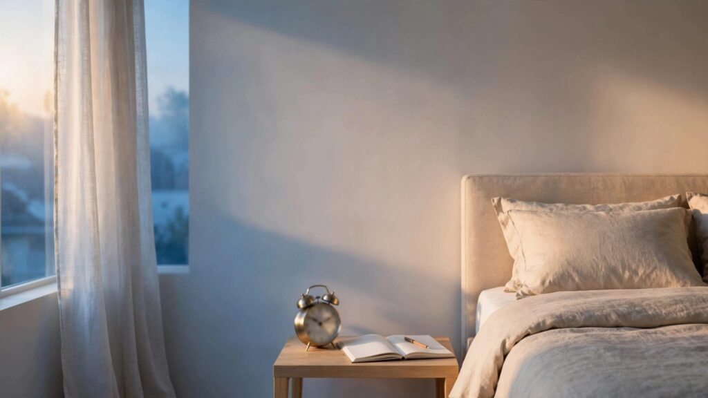 Made bed, sleep diary, pen, and alarm clock in a calm dawn bedroom.