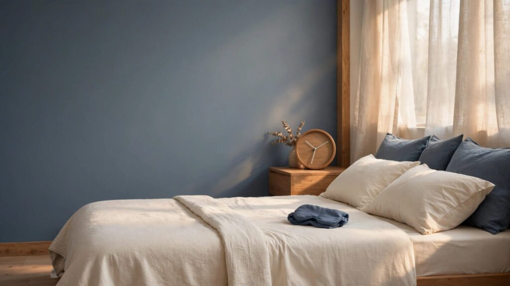 A tidy bedroom with an eye mask, analog clock, and soft afternoon light.