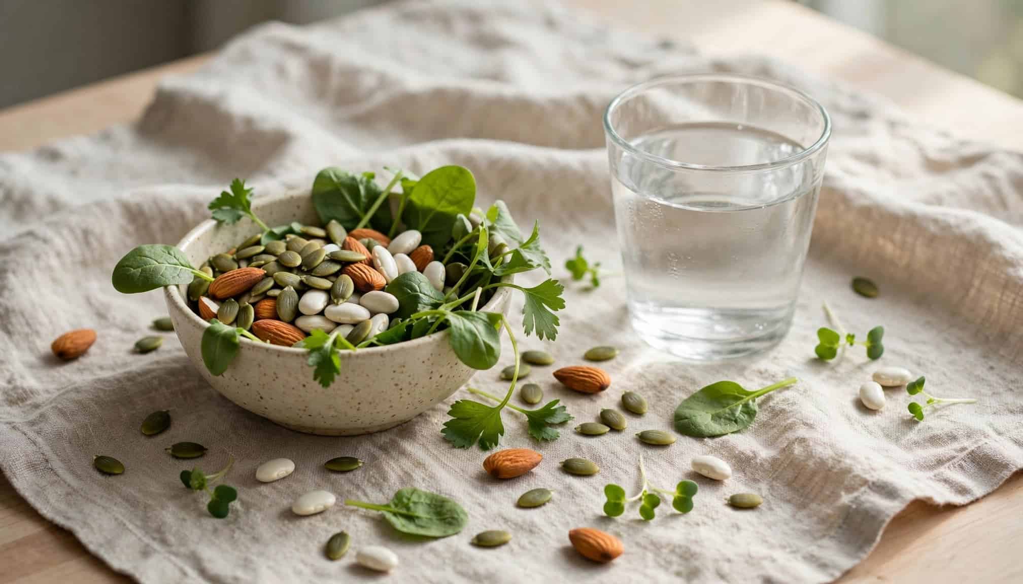 A bowl of seeds, almonds, beans, and greens beside a glass of water.