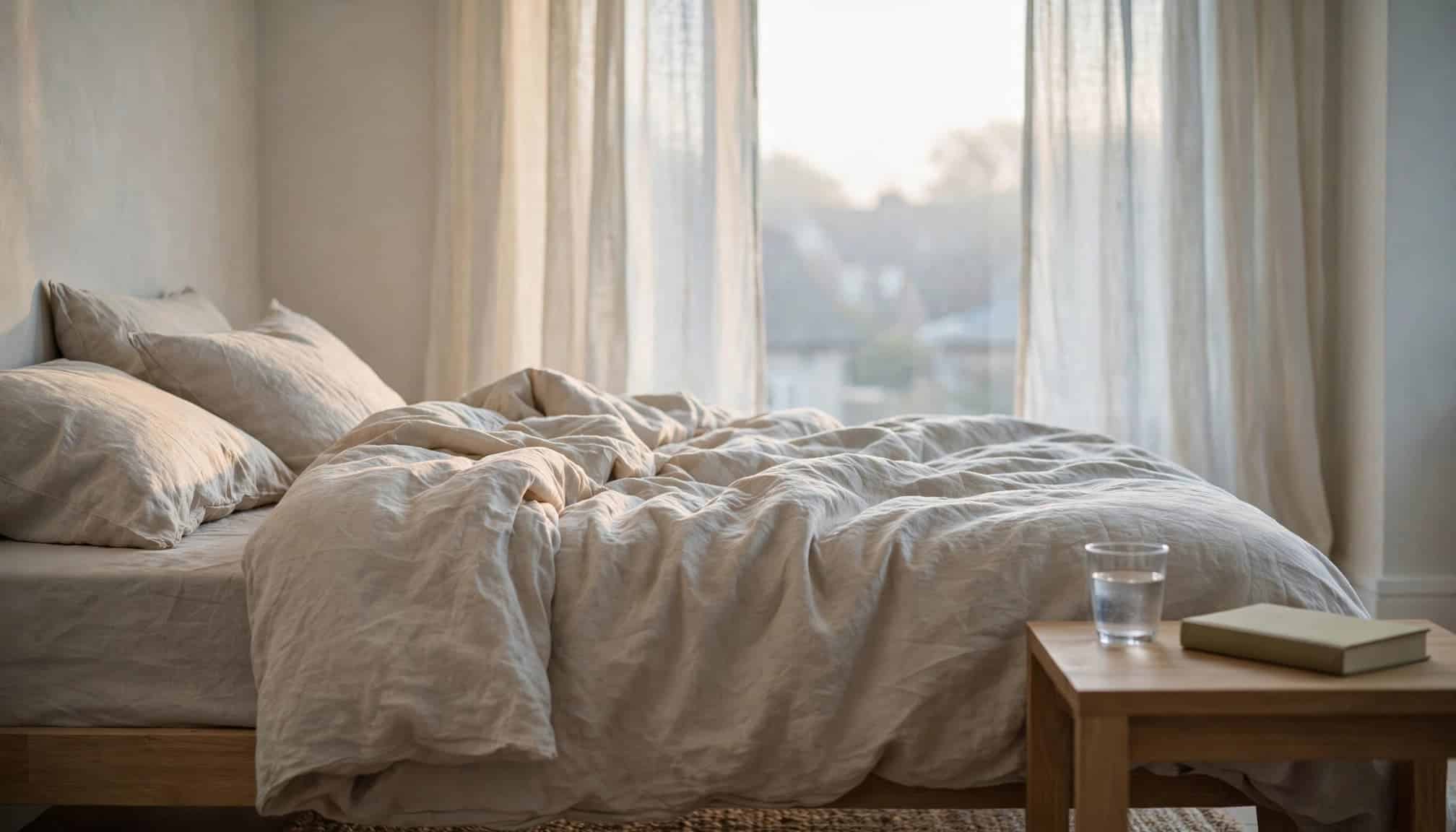 Pale daylight falls across an unmade bed beside a glass of water and closed book.