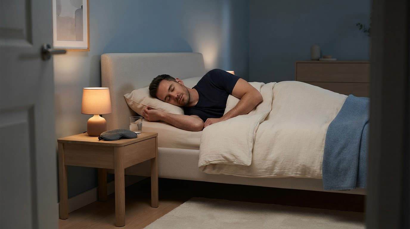 A man sleeps in bed beside a warm lamp and folded eye mask.
