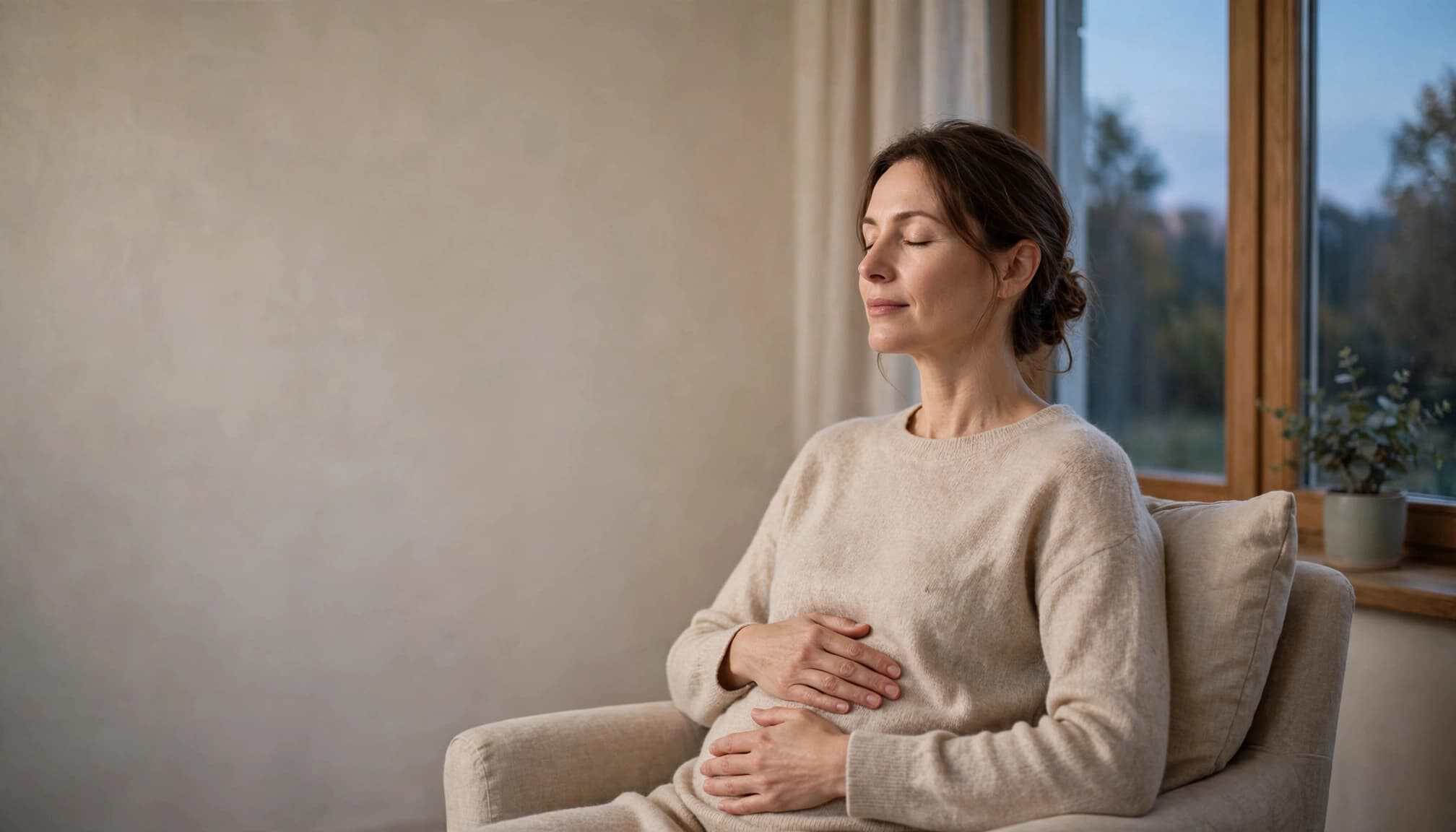 An adult sits by a bedroom window with hands resting on the abdomen.