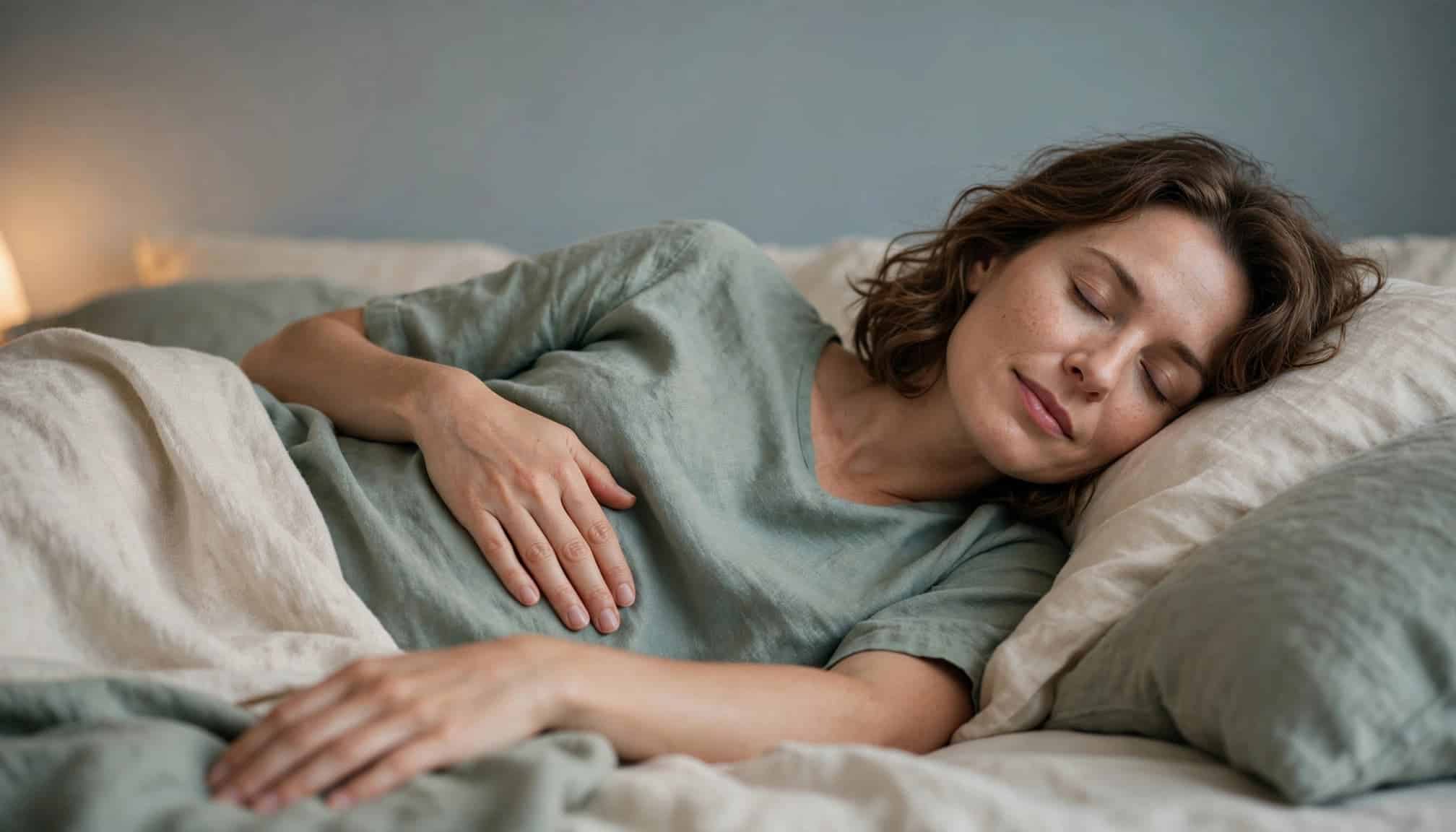 A woman rests on her side with one hand on her abdomen in a softly lit bedroom.
