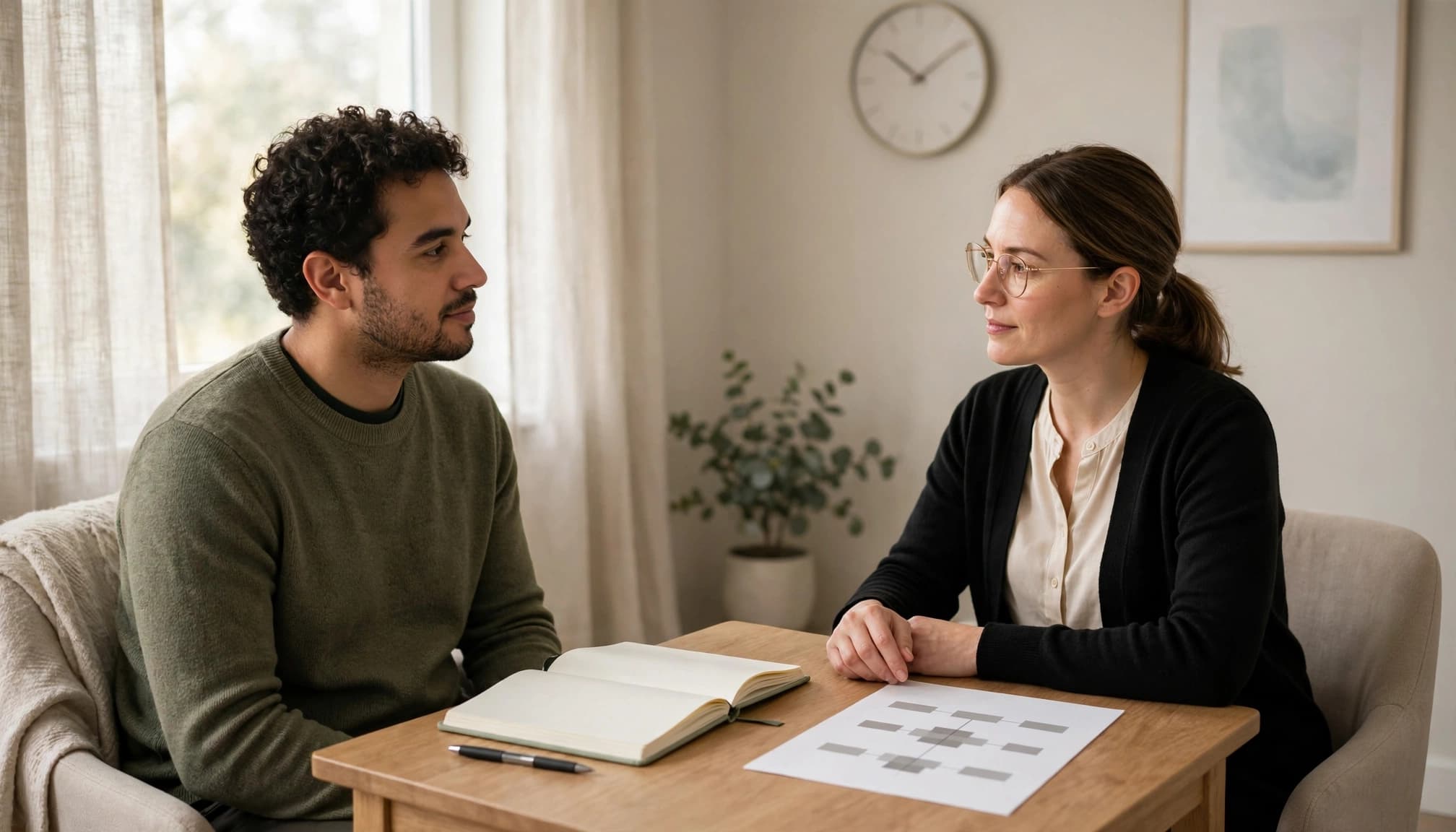 Adult reviewing a blank sleep diary with a clinician in a calm clinic.