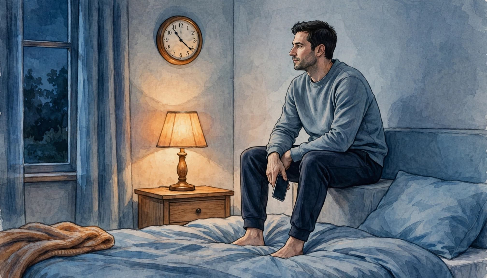 An illustration of a man sitting awake on the edge of a bed at night holding a phone.