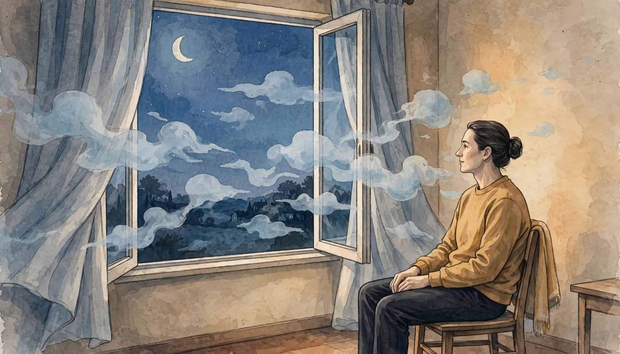 A watercolor illustration of a person sitting by a moonlit window, watching wispy clouds drift by.