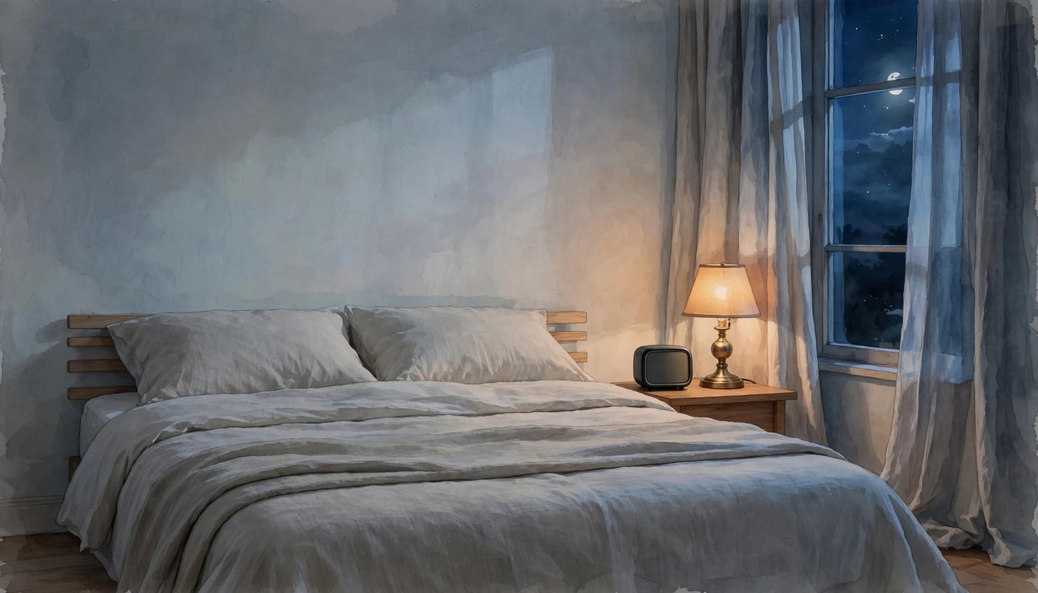 A calm bedroom at night with a small speaker and bedside lamp, and moonlight shining through the window.