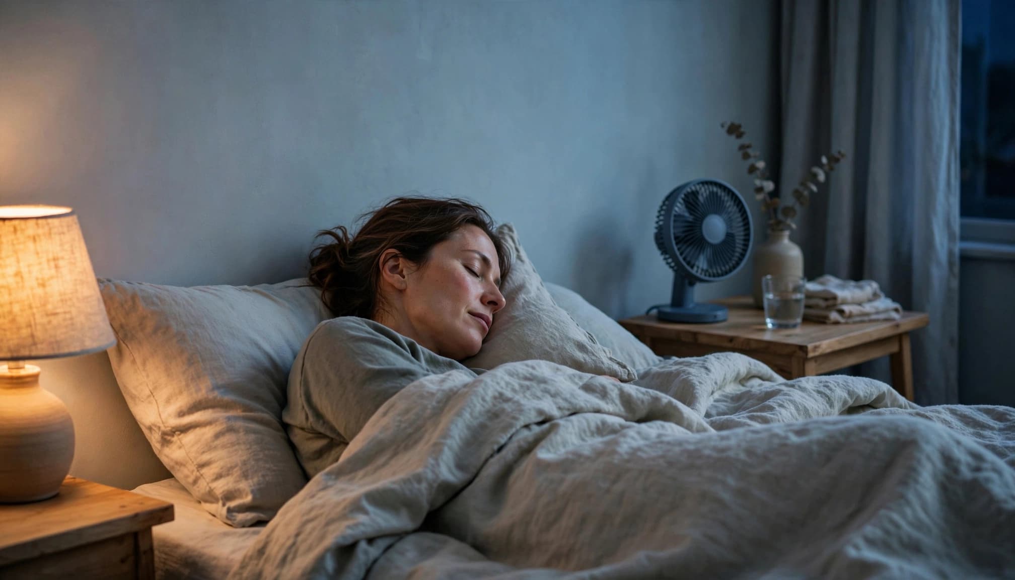 A woman sleeping peacefully on her side in bed with a small bedside fan.