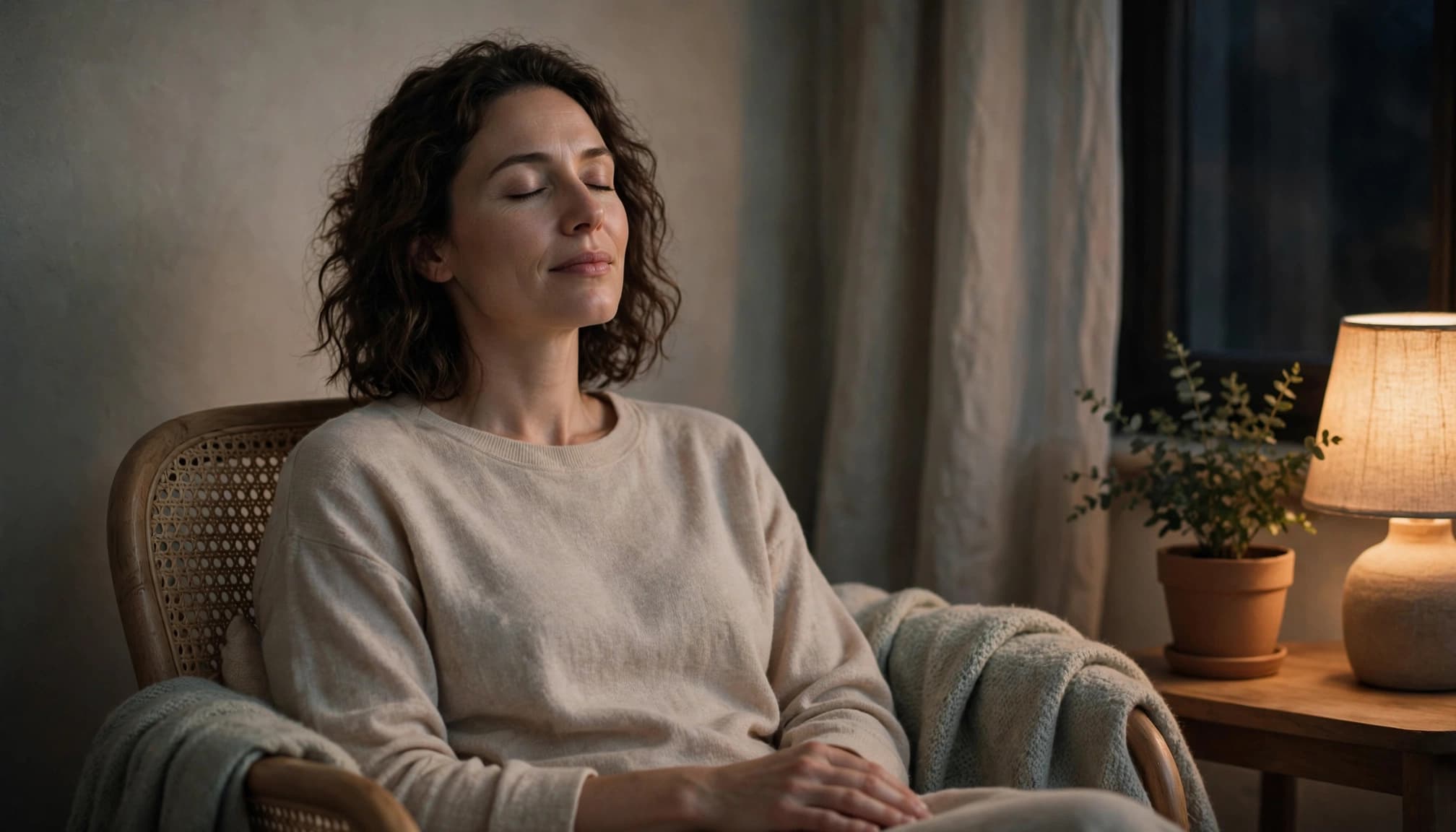 A woman with curly brown hair sits in a rattan chair with eyes closed, relaxing in a dimly lit room.