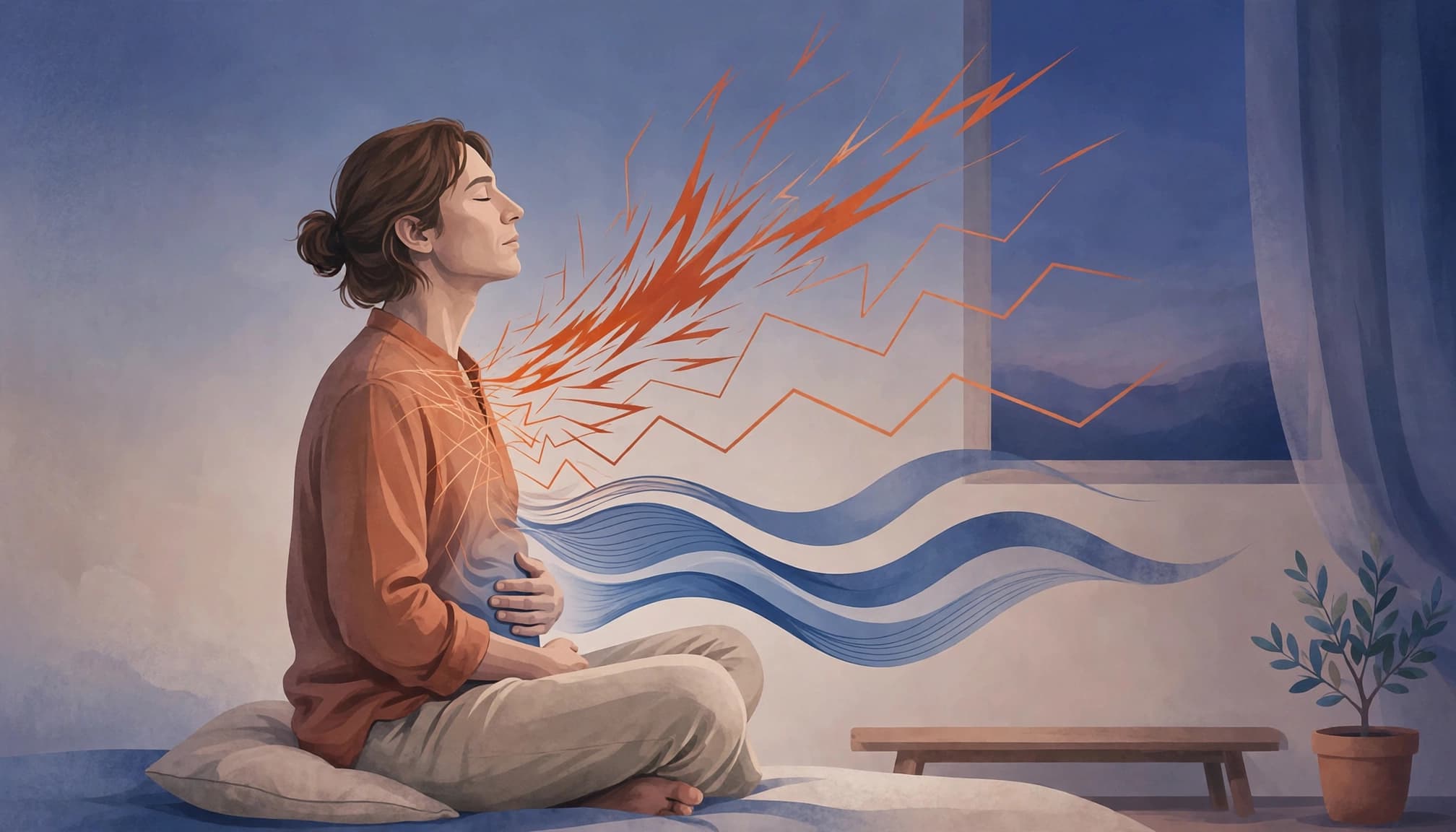 An illustration of a person sitting upright with eyes closed, hands on abdomen, with abstract energy lines.