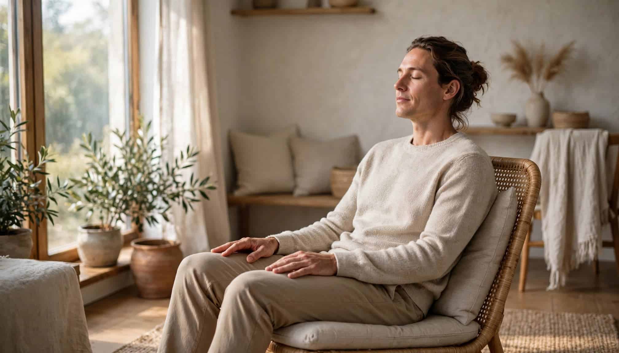 An adult rests with eyes closed in a chair beside a sunny window.