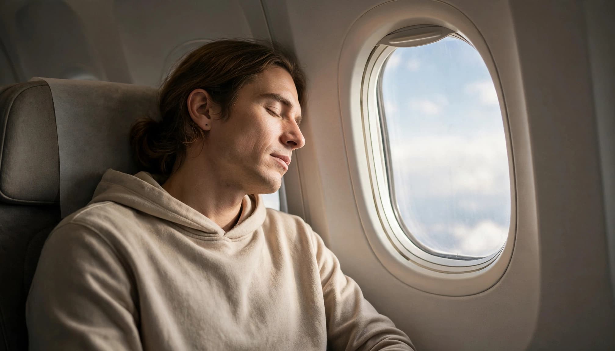 A traveler rests with eyes closed beside a bright airplane window.