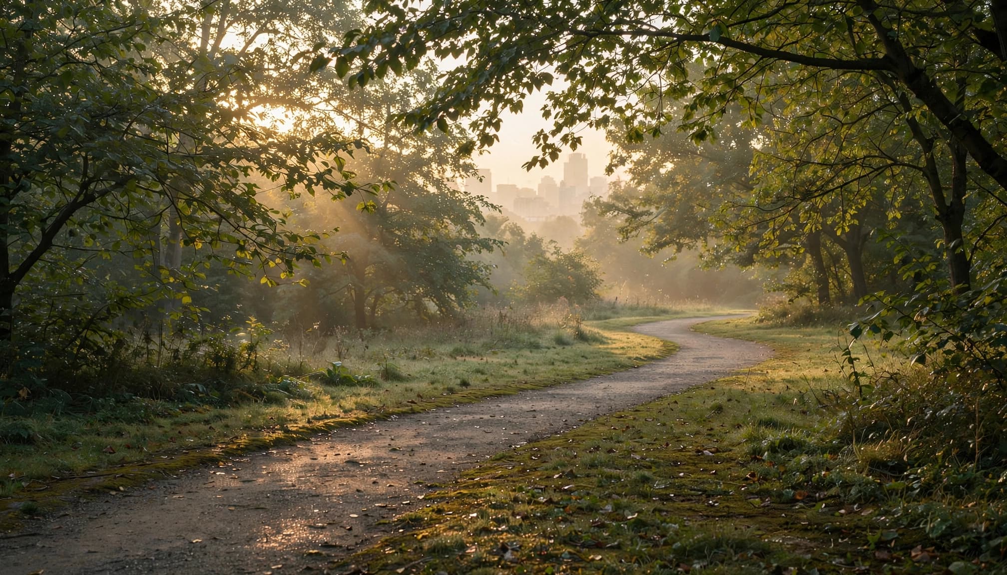 Golden morning light falls across an empty park path beneath leafy trees.