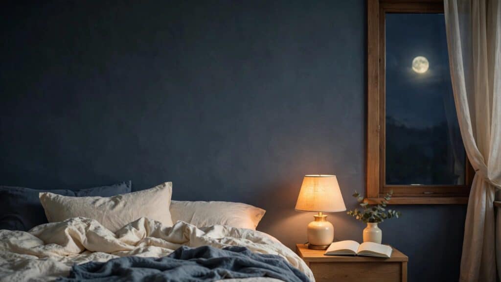 An unmade bed and open journal sit beneath a warm lamp, with the moon outside the window.