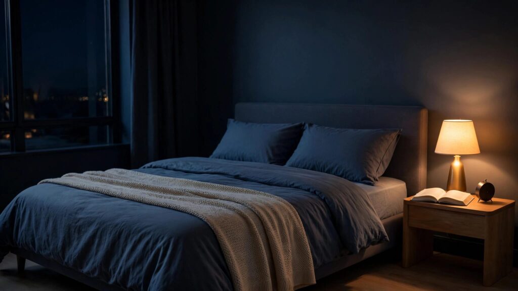 A neatly made bed beside a warm lamp, an open book, and a turned-away alarm clock.