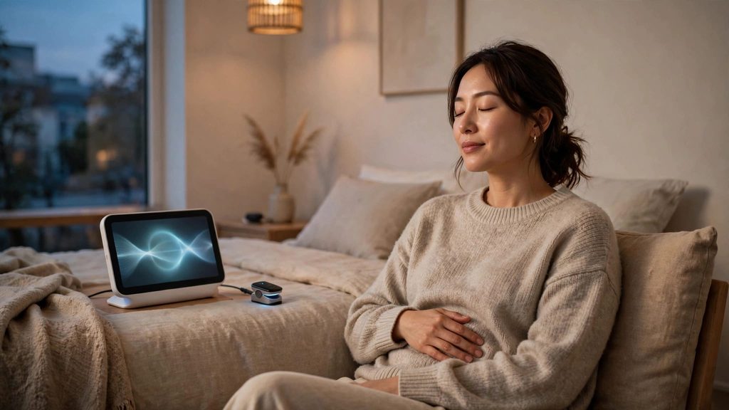 A woman practises slow breathing beside a bed, with a sensor and glowing monitor nearby.