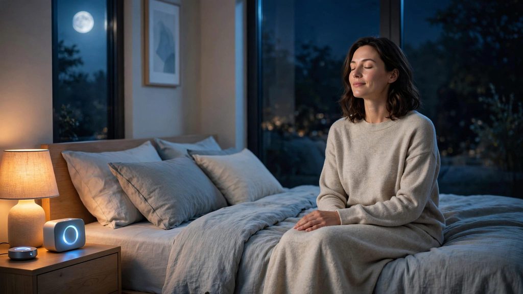 A woman relaxes on a bed beside a lamp and sound machine.