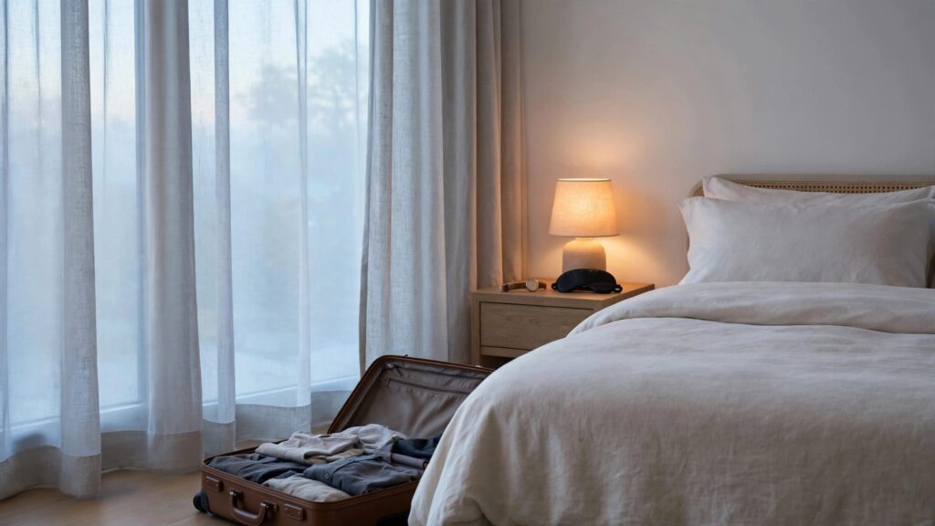An open suitcase and sleep mask sit beside a hotel bed at dawn.