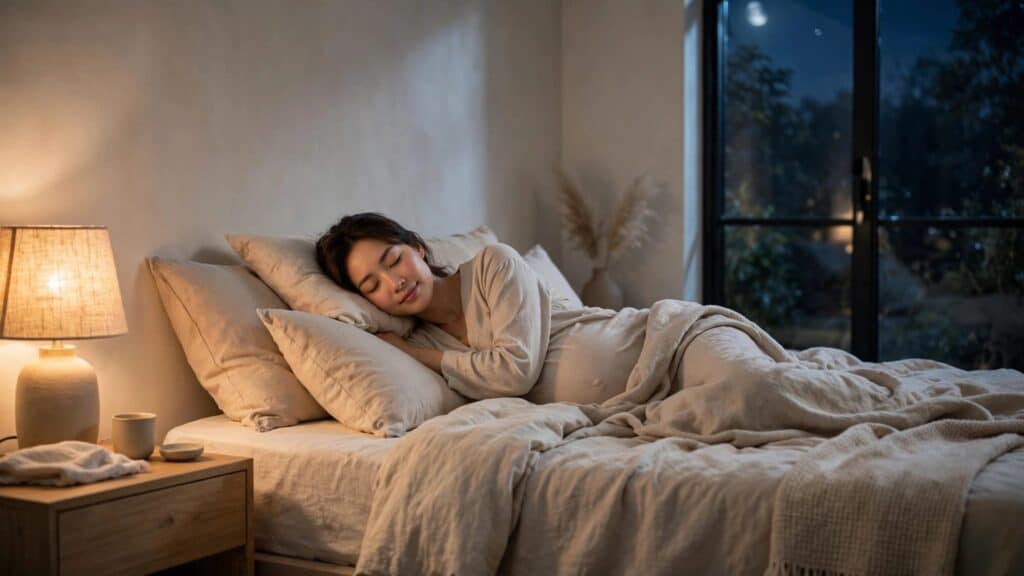 A pregnant woman rests on her side among pillows in a softly lit bedroom.