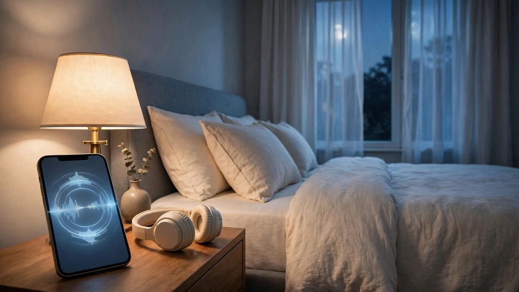 A phone and headphones sit beside a neatly made bed under warm lamp and moonlight.