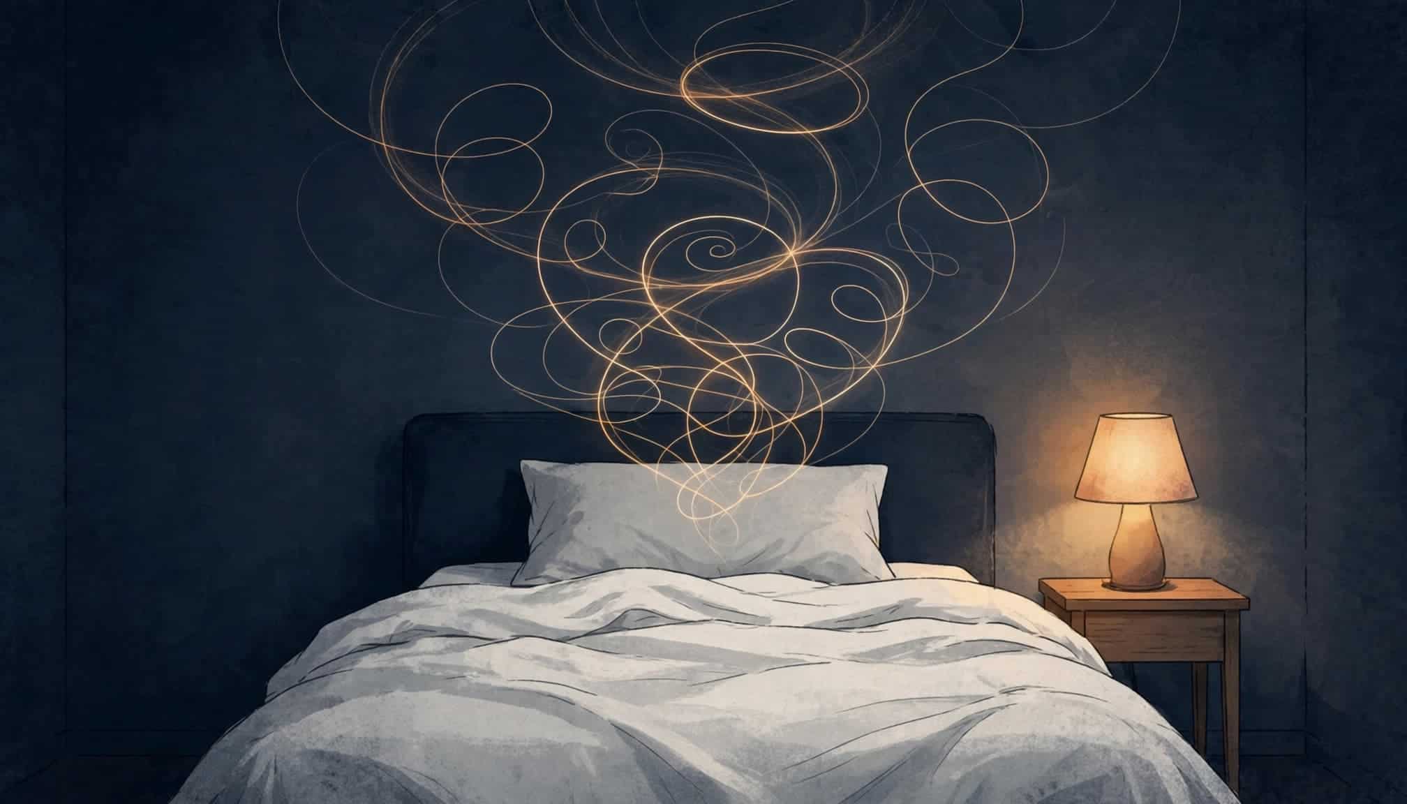 An empty bed at night with glowing abstract looping lines rising from the pillow.
