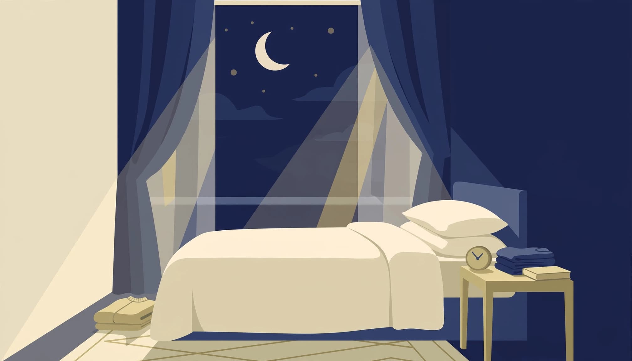 A calm bedroom illustration at night with a made bed, bedside table, and window showing the moon.