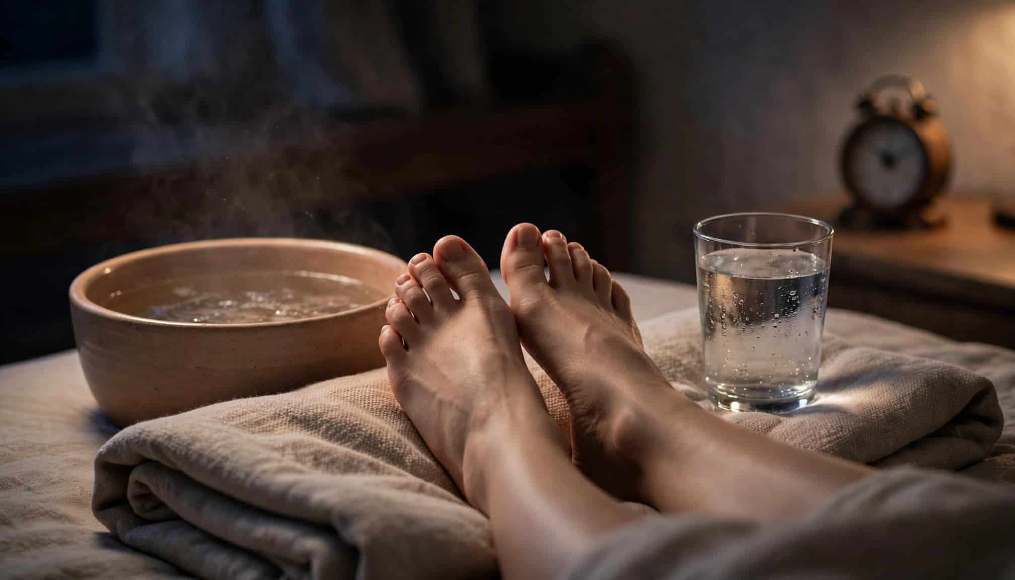 Feet rest beside a warm foot bath and glass of water.