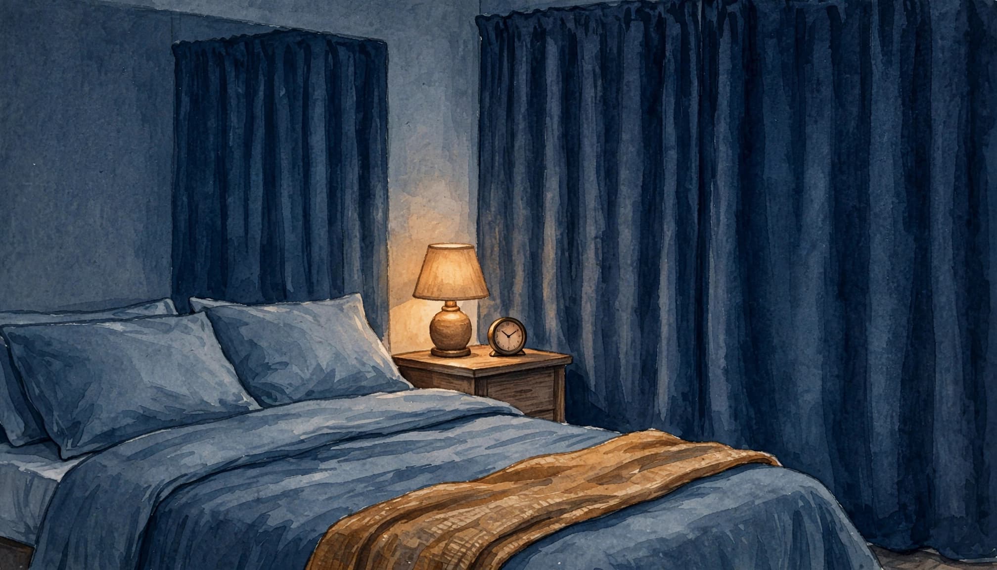 Watercolor illustration of a softly lit bedroom at night with a made bed and a bedside lamp.