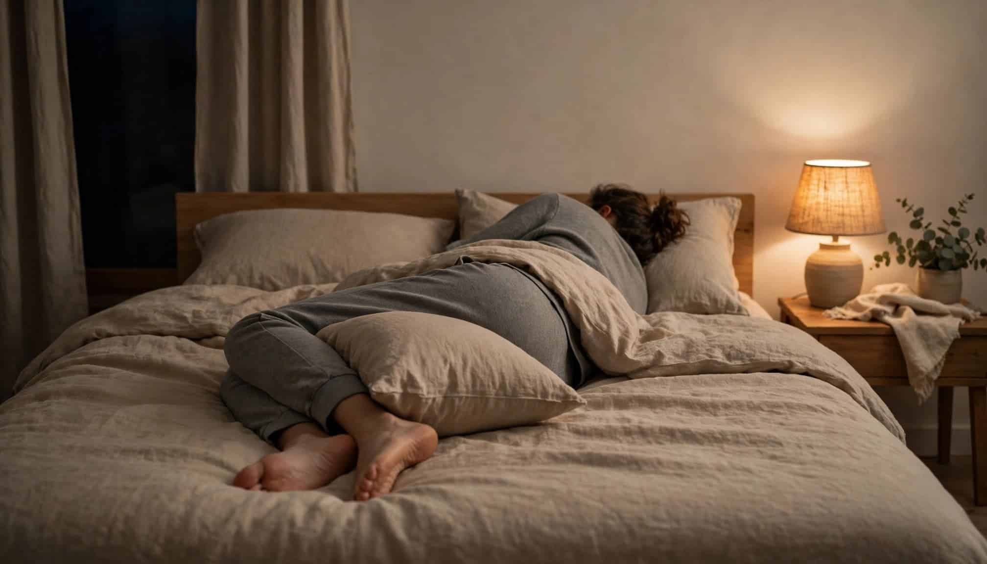 An adult lies on their side with a pillow between their knees in a softly lit bedroom.