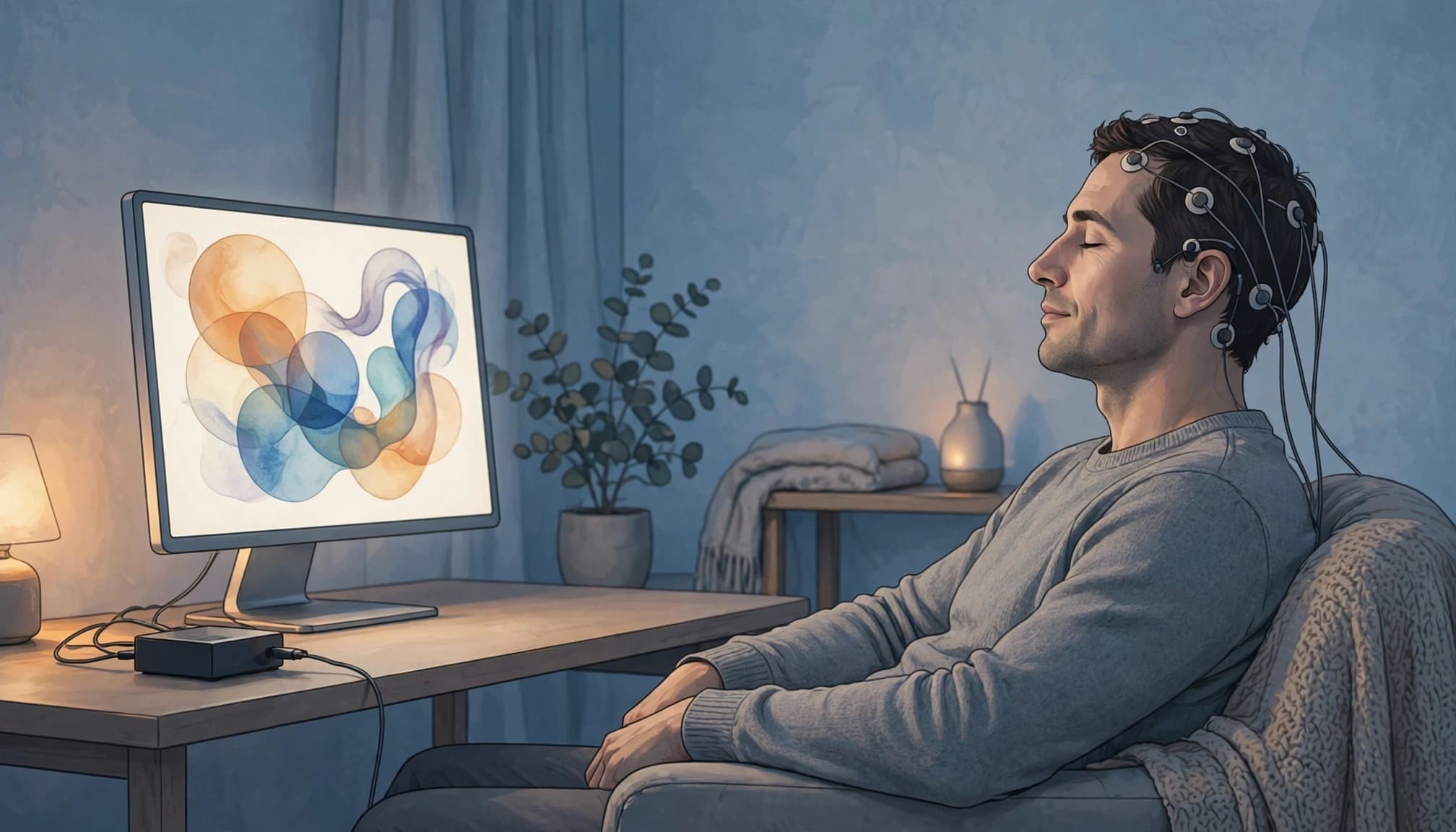 A person with EEG sensors on their head sits relaxed in a chair facing a monitor with abstract art.