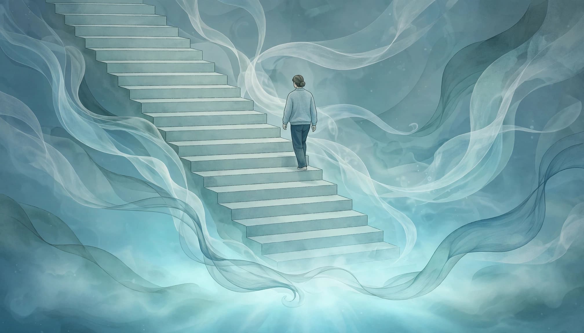 Illustration of a person walking down a wide staircase in a blue-green dreamy space.