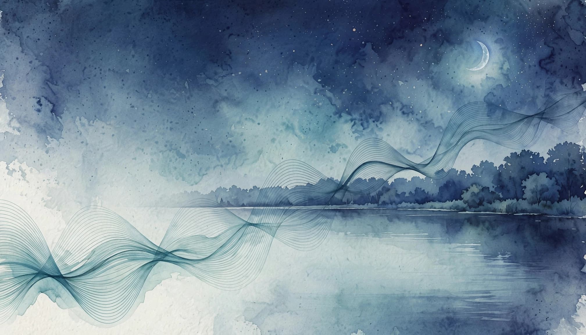 Watercolor illustration of a crescent moon over a calm lake with abstract sound waves.